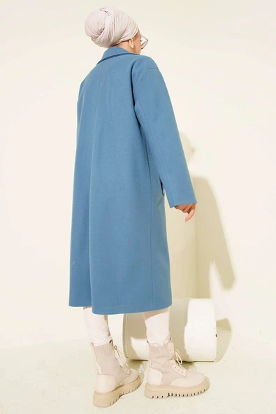 Kruvaze Yaka İki Düğmeli Detaylı Kaşe Kaban Mavi - Resim 3