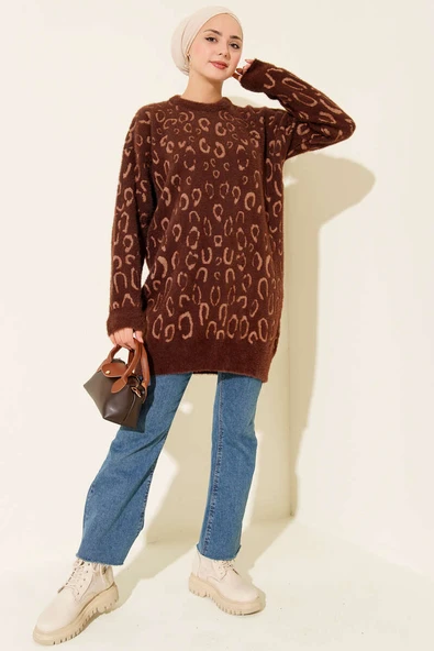 Leopar Desenli Sakallı Tunik Kahve Latte - Resim 2