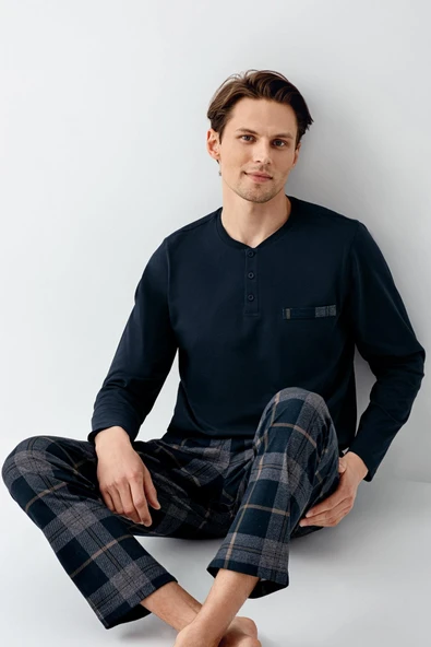 Arnetta Erkek %100 Pamuklu 4 Mevsim Cepli Uzun Kol Ekose Pijama Takım ürün görseli 1