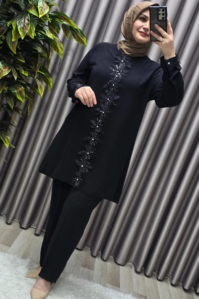 Kadın Tesettür Giyim Büyük Beden Kabartma Çiçekli Krep İkili Takım - Resim 2