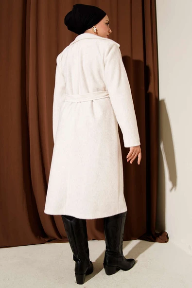 Kuşaklı Bronş Detaylı Kaşe Kaban Ekru - Resim 3