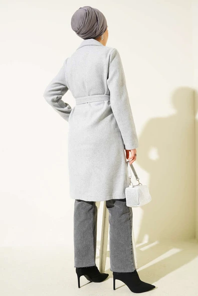 Kruvaze Yaka Belden Kuşaklı Kaban Gri - Resim 3