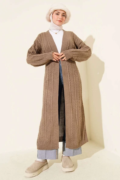 Örgü Büzgülü Uzun Triko Hırka Vizon - Resim 2