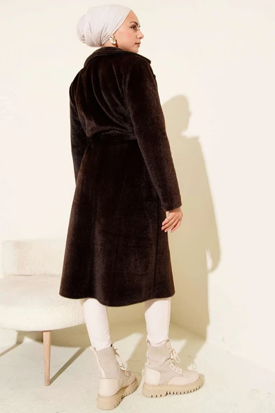 Kuşaklı Bronş Detaylı Kaşe Kaban Acı Kahve - Resim 3