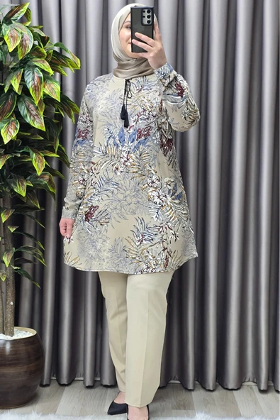Kadın Tesettür Giyim Büyük Beden Palmiye Desen Tunik ürün görseli