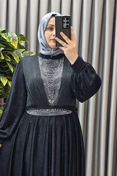 Kadın Tesettür Giyim Büyük Beden Simli Kübra Abiye - Resim 5