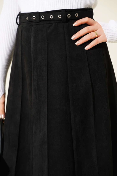 İnce Kemerli Süet Etek Siyah - Resim 4