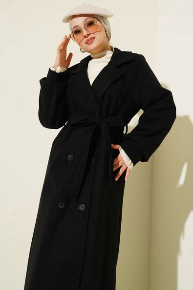 Düğmeli Kuşak Detaylı Kaşe Kaban Siyah - Resim 2