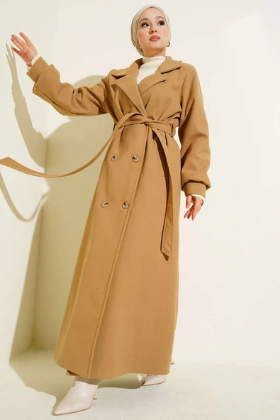 Düğmeli Kuşak Detaylı Kaşe Kaban Latte ürün görseli 1