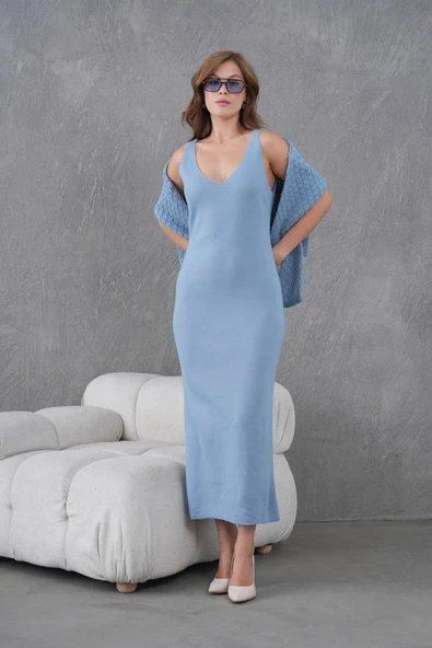 IŞŞIL 8600-Örgü Üst Askılı V Yaka  OverSize Triko Elbise - 5