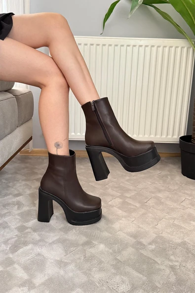 Kadın Sidney Koyu Kahve 12 cm Platform Topuklu Fermuarlı Bot - 5