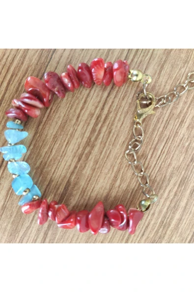 Kırmızı Mercan & Akuamarin Doğal Taş El Yapımı Bileklik - Resim 2