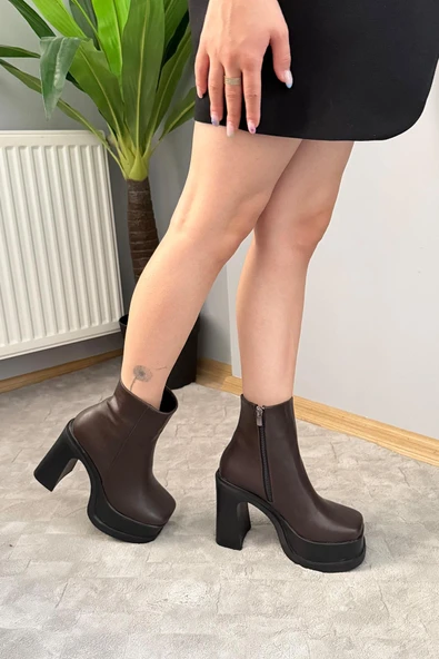 Kadın Sidney Koyu Kahve 12 cm Platform Topuklu Fermuarlı Bot - 4