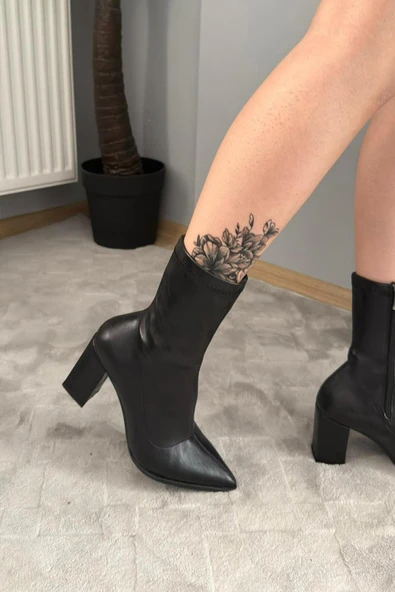 Kadın Volga Siyah Fermuarlı 8 cm Kalın Topuklu Strec Bot - 5