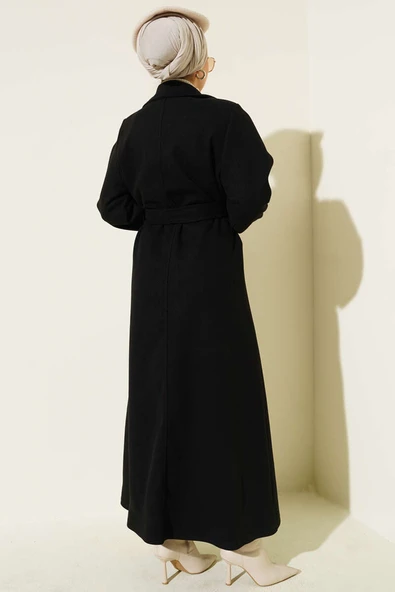 Düğmeli Kuşak Detaylı Kaşe Kaban Siyah - Resim 3