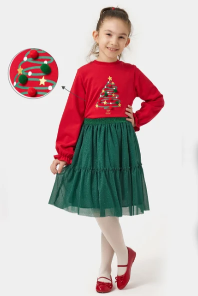 Kız Çocuk Ponponlu Simli Etekli Yılbaşı Takımı NBK-24903 ürün görseli