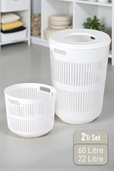 İronika Solara İkili Dekoratif Kirli Çamaşır Sepeti Seti Oyuncak Sepeti 60 - 22 Litre Beyaz