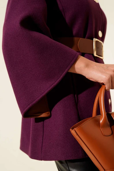 Gold Düğmeli Kaşe Panço Mor - 4