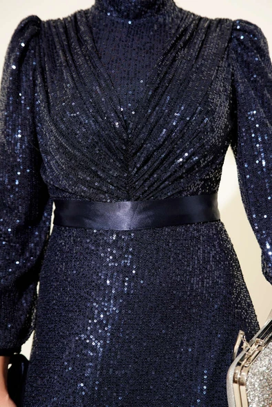 Kol Bağcıklı Pul Payet Abiye Elbise Lacivert - Resim 4