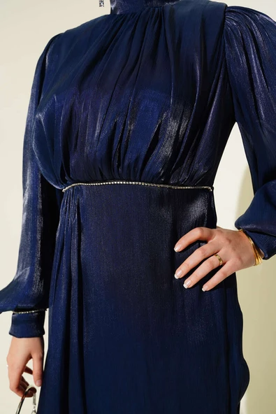 Sıra Taşlı Balon Kol Abiye Elbise Lacivert - Resim 4