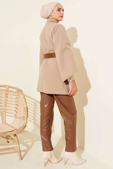 Gold Düğmeli Kaşe Panço Camel - 3