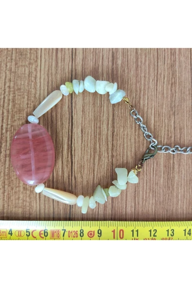 Pembe Kuvars Taşı & Yan Taşlı El Yapımı Bileklik - 1043 - Resim 3