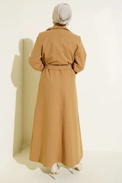 Düğmeli Kuşak Detaylı Kaşe Kaban Latte - Resim 3