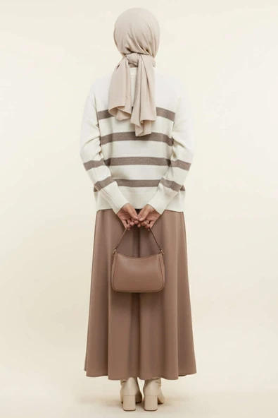 Çizgili Yumoş Triko Kazak Vizon - Resim 3