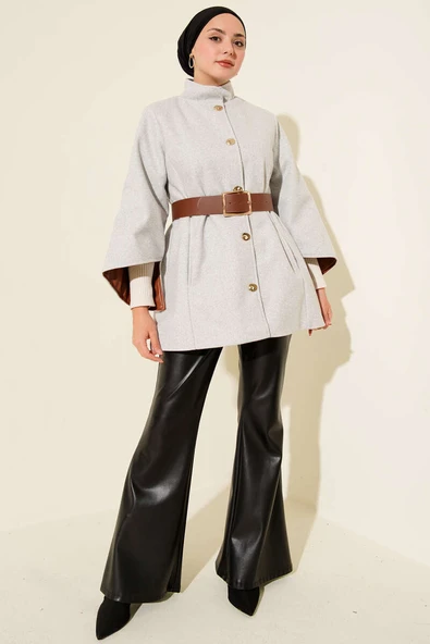 Gold Düğmeli Kaşe Panço Melanj Gri - 2