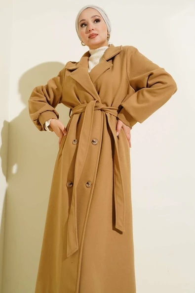 Düğmeli Kuşak Detaylı Kaşe Kaban Latte - Resim 2