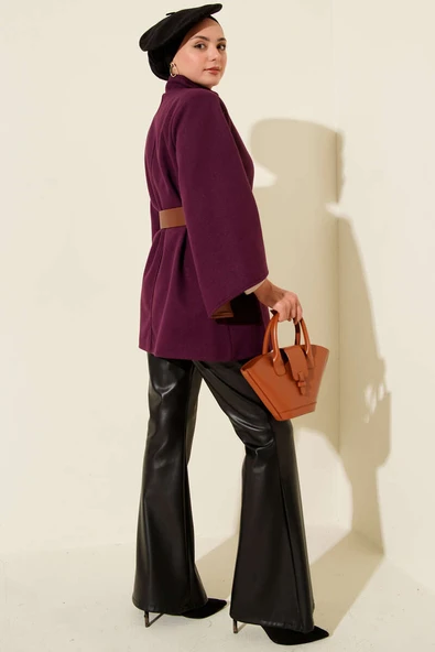 Gold Düğmeli Kaşe Panço Mor - 3