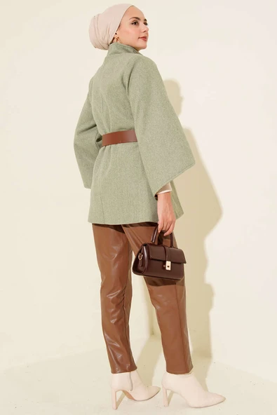 Gold Düğmeli Kaşe Panço Çağla Yeşili - 3