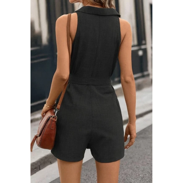 Lucky Life Kadın Sıfır Kollu Yakalı Düğmeli Belden Kuşaklı Kısa Keten Tulum - 7