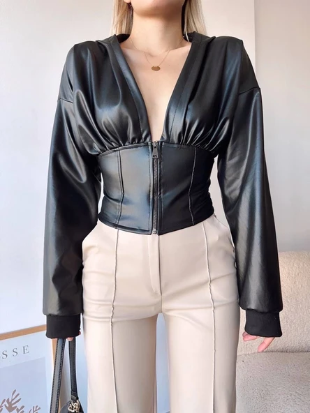 BİÇOMİ Kapşonlu yarım fermuarlı ceket siyah h24116 - Resim 5