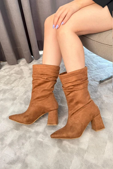 Kadın Nomire Taba Süet Büzgülü Sivri Burun Kalın Topuklu Bot - 5