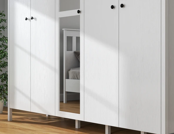 Hunerika Aleron 5 Kapaklı Gardırop-Wood Beyaz-Minifiks Bağlantılı - 2