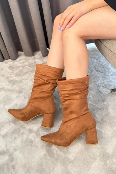 Kadın Nomire Taba Süet Büzgülü Sivri Burun Kalın Topuklu Bot - 3