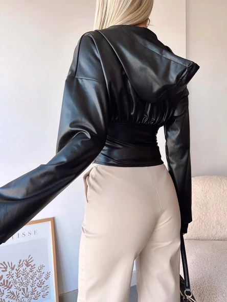 BİÇOMİ Kapşonlu yarım fermuarlı ceket siyah h24116 - Resim 4