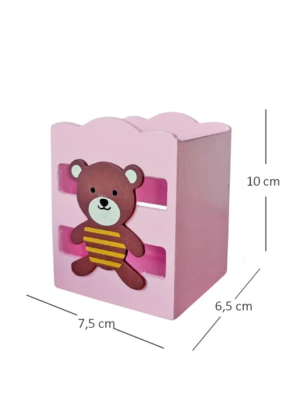 Ahşap Masaüstü Kalemlik Sevimli Ayıcık Çizgili Pembe - 1 Adet - Resim 4