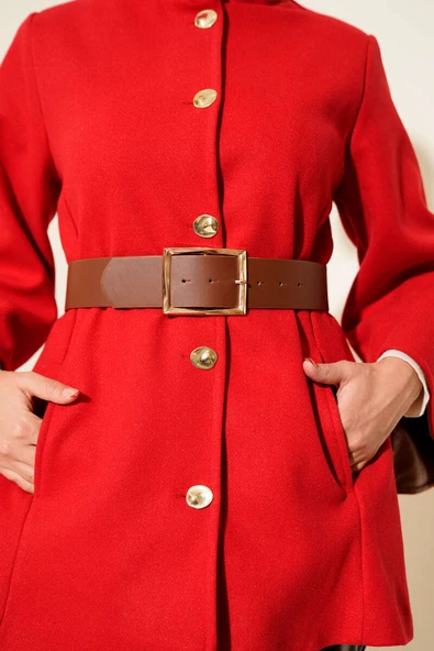 Gold Düğmeli Kaşe Panço Kırmızı - 4