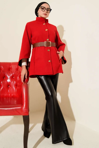 Gold Düğmeli Kaşe Panço Kırmızı - 2