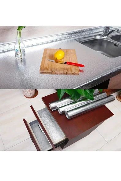 NACTUMU 1 Rulo Gümüş Yapışkanlı Folyo Kaplama 2 MT Mutfak, Banyo Dolabı Kaplama Su ve Yağ Geçirmez - Resim 4