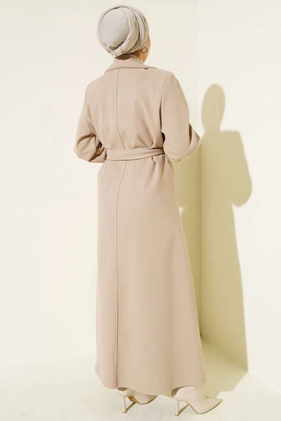 Düğmeli Kuşak Detaylı Kaşe Kaban Bej - Resim 3