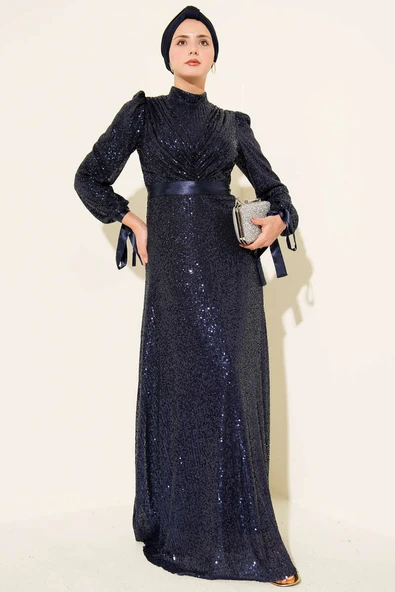 Kol Bağcıklı Pul Payet Abiye Elbise Lacivert ürün görseli 1