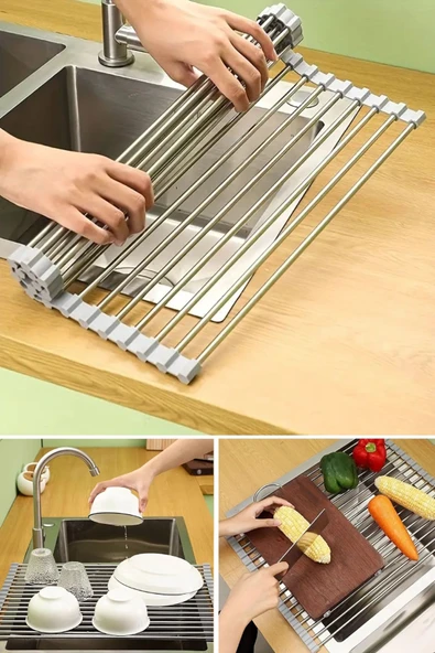 NACTUMU Paslanmaz Çelik Katlanabilir Mutfak Yer Tasarrufu Sağlayan Evye Üstü Raf, Tabak Tencere Kurutma Rafı ürün görseli