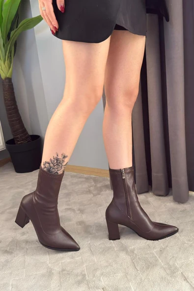 Kadın Volga Kahverengi Fermuarlı 8 cm Kalın Topuklu Strec Bot - 4
