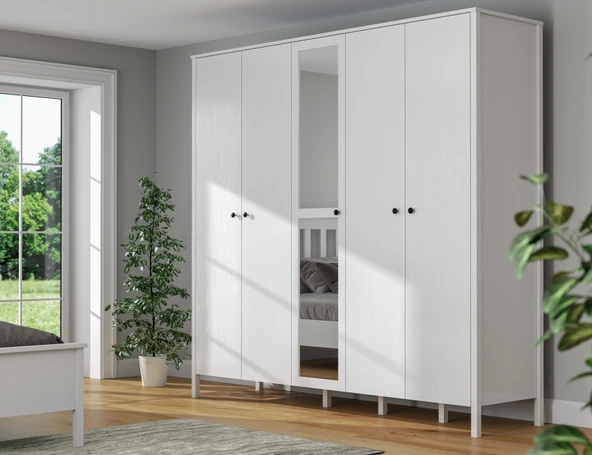 Hunerika Aleron 5 Kapaklı Gardırop-Wood Beyaz-Minifiks Bağlantılı