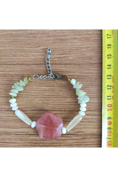 Pembe Kuvars Taşı & Yan Taşlı El Yapımı Bileklik - **Çeşitli Ürünler İçin Mağzamızı Ziyaret e - Resim 3