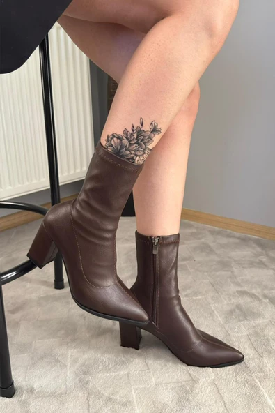 Kadın Volga Kahverengi Fermuarlı 8 cm Kalın Topuklu Strec Bot - 3