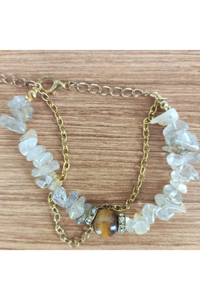 Kaplan Gözü ve Kristal Kuvars Doğal Taş Bileklik - 6817 - Resim 3